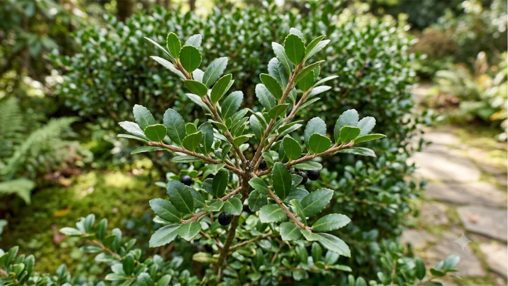 Geschnittene Hecke aus Ilex crenata, kaum von Buchsbaum zu unterscheiden