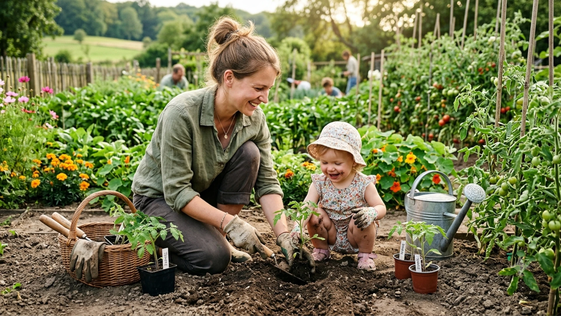 Weiblich gelesene Erzeihungsperson und Nachwuchs pflanzen Tomaten